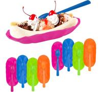 Bexter Set of 8 Reusable Banana Split Boats with Matching Spoons, BPA Free Plastic Dessert Dishes for Ice Cream Sundaes, Banana Splits, Brownies, Fruit, Snacks