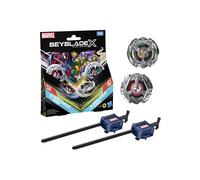 Beyblade X Miles Morales 1-60GN against Green Goblin 9-80HT, 2 Takara Tomy competition tops, 2 launchers, suitable for ages 8 and up.