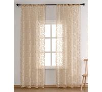 Beydodo Curtains for Bedroom Sheer 72 Inches Long, Privacy Curtains for Windows Light Filtering 2 Panels Set Polyester Sheer Curtains Rod Pocket Beige Flowers Embroidered - 34" Width x 72" Length