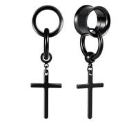 Beydodo Double Flared Tunnels for Ears Dangle, Screw Gauges Black Size 6g-1 3/16, Stainless Steel Piercing Earrings with Chain and Cross Pendant, 8mm=0g, Stainless Steel, no gemstone