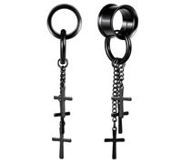 Beydodo Double Flared Tunnels for Ears Dangle, Screw Gauges Black Size 6g-1 3/16, Stainless Steel Piercing Earrings with Chain and Cross Pendant, 8mm=0g, Stainless Steel, no gemstone
