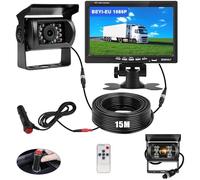 BEYI 1080P Car Reversing Camera Kit - 7" LCD HD Screen IP68 Waterproof Wired Reverse Camera, 12V-24V parking Sensor kit Night Vision Backup Camera with 15M Cable for Vans RV Bus Truck Trailer Campers