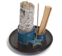BEYLAB 4 in 1 Incense Burner Holder moon, Palo Santo Holder, Sage Holder for Burning, Incense Holder for Sticks, Smudge bowl, 5.9 inches Ceramic Ash Catcher Tray for Meditation Yoga Room (Dark blue)