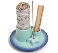 BEYLAB 4 in 1 Incense Burner Holder moon, Palo Santo Holder, Sage Holder for Burning, Incense Holder for Sticks, Smudge bowl, 5.9 inches Ceramic Ash Catcher Tray for Meditation Yoga Room (Blue)