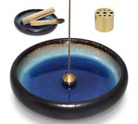 BEYLAB incense holder ceramics, 3 in 1 Incense burner for Palo Santo, Sage, Incense Sticks Coil Incense Cones, smudge bowl, Removable brass ash catcher for Meditation Yoga Room - Blue