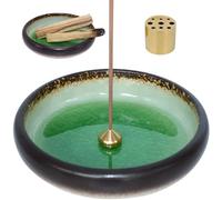 BEYLAB incense holder ceramics, 3 in 1 Incense burner for Palo Santo, Sage, Incense Sticks Coil Incense Cones, smudge bowl, Removable brass ash catcher for Meditation Yoga Room - Green