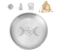 BEYLAB Triple Goddess Brass 5 in 1 Incense Holder with Storage Bag 14cm Incense Bowl for Any Incense Sticks, Palo Santo Holder, White Sage, Cones - Silver Set
