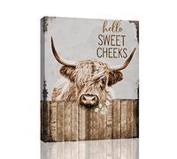 Highland Cow Bathroom Decor Wall Art Funny Rustic Cow Pictures Wall Decor Farmhouse Bathroom Decor Country Cattle Painting Canvas Print Decorations For Office Bedroom Kitchen Dining Room Framed 12x16