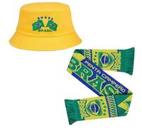 Beyond Happy Brasil Bucket Hat - Traditional Brazillian Flags Unisex Cotton Heavy Duty Sun Hat - Brazil Football Fans Carnival Hat (HAT & Scarf Set)