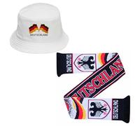 Beyond Happy Germany Bucket Hat - White 100% Cotton Heavy Duty Deutschland Flag Embroidered Unisex Adult Hat - Football & Sports Fan Sun Protection (Bucket HAT & Scarf)