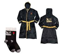 Beyond Happy The Godfather Unisex Bathrobe - Iconic Rose & Crosspiece Logo - Gold Detail - Corleone Family Al Pacino (Luxury Black Fleece Dressing Gown) (UK, Alpha, S, M, With Socks)