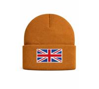 Beyond Happy Union Jack Beanie Hat - Unisex Winter Knit Hat with Embroidered UK Flag - 100% Acrylic, Warm & Comfortable (Brown)