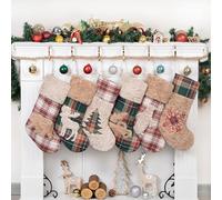 Beyond Your Thoughts Christmas Stockings, 20 inch Soft Velvet Large Xmas Stocking for Family Traditional Hanging Ornament Fireplace Christmas Decorations, Brown Plush Grid, 6 Pack