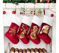 Beyond Your Thoughts Christmas Stockings, 20 inch Soft Velvet Large Xmas Stocking for Family Traditional Hanging Ornament Fireplace Christmas Decorations, Red Plush Glitter, 4 Pack