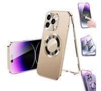 Beyonddraw Double-Sided Electroplated Glass Magnetic Phone Case for iPhone 16-12 Pro Max Plus,360° Full Body Metal Bumper Frame Magnetic Tempered Glass Case (for iPhone12,Gold-HD)