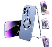 Beyonddraw Double-Sided Electroplated Glass Magnetic Phone Case for iPhone 16-12 Pro Max Plus,360° Full Body Metal Bumper Frame Magnetic Tempered Glass Case (for iPhone12,Blue-Privacy)