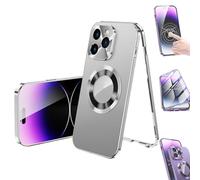 Beyonddraw Double-Sided Electroplated Glass Magnetic Phone Case for iPhone 16-12 Pro Max Plus,360° Full Body Metal Bumper Frame Magnetic Tempered Glass Case (for iPhone14Promax,Silver-HD)