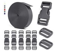 BEYOURD 1 inch Buckles and Strap Set: 10 Yards Polyester Webbing Strapping, 6 Pack Dual Adjustable Side Release Plastic Buckles, 12 PCS Tri-Glide Slider Clips for Custom Projects, Gray, Medium Gray,