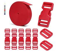 BEYOURD 1 inch Buckles and Strap Set: 10 yards Polyester Webbing Strapping, 6 pack Dual Adjustable Side Release Plastic Buckles, 12 PCS Tri-Glide Slider Clips for Dog Collar, Red
