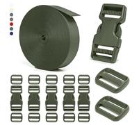 BEYOURD 1 inch Buckles and Strap Set: 10 Yards Polyester Webbing Strapping, 6 Pack Dual Adjustable Side Release Plastic Buckles, 12 PCS Tri-Glide Slider Clips for Custom Projects, Olive Green, Olive
