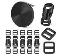 BEYOURD 5/8" Buckle and Strap Set: 6 Yards of Thick Nylon Webbing, 6-Pack Quick Side Release Adjustable Plastic Buckles, 12 Tri-Glide Slide Clips, 6 Metal D Rings, Black (5/8" Combo Set)