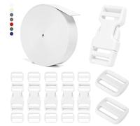 BEYOURD Buckle and Strap Set, 10 Yards Polyester Webbing Strap with 6 Dual Adjustable Side Release Plastic Buckles, 12 Pieces Tri-Glide Slider Clips for Custom Projects (Everyday Series 1 Inch, White)