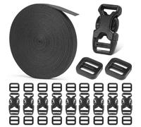 BEYOURD Buckle and Strap Set 3/8", 10 Yards Webbing Strap, 10-Pack Dual Adjustable Side Release Plastic Buckles, 20 Tri-Glide Slider Clips, Black (3/8 Inch Combo Set)