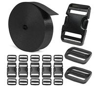 BEYOURD Heavy-Duty Buckles and Strap Set 1-1/2": 6 Yards of Thick Nylon Webbing, 6-Pack Adjustable Quick Side Release Plastic Buckles, 12 Tri-Glide Slide Clips, Black (1-1/2" Combo Set)