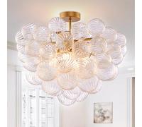 BeyPan Semi Flush Mount Ceiling Bubble Ball Chandelier Lighting Dia 20 Inch Gold Clear Ribbed Blown Glass Chandeliers Ceiling Medallions Light Fixtures for Bedroom, Living Room, Entry, Bathroom