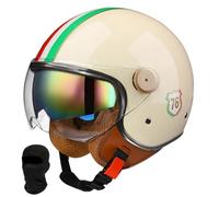 Beyswage 3/4 Open Face Motorcycle Helmet, Vintage Style with Double Goggles, Comfort Lining, Earmuffs, ECE Certified, Black/Brown/Beige, Adult Men Women, Motorcycle/Scooter/Cruiser Helmet