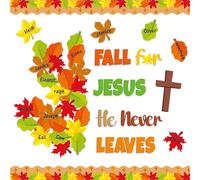 BeYumi 94Pcs Fall for Jesus He Never Leaves Paper Cutout Set Christian Autumn Maple Leaves Name Tags Faith Religious Boarder Trim Cutouts Sunday Church School Classroom Blackboard Wall Door Decoration