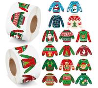 BeYumi Christmas Sweater Shaped Sticker - 1000Pcs Christmas Sweaters Stickers in 2 Rolls Winter Adhesive Cute Funny Wintertime Pullover Sweater Decal Holiday Party Favor Tag Gift Bottle Decor for Kids