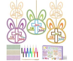 BeYumi Easter Christian Bunny Crafts - 20Pcs Easter DIY Wooden NO Bunny Love You Like A Jesus Ornaments Craft Kit for Kids Make Your Own Religious Decor with Gem Stickers Church School Party Supplies