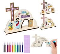 BeYumi Easter Jesus Resurrection Craft - 24Pcs DIY HE IS RISEN Wooden Empty Tomb Tabletop Signs Make Your Own Christian Jesus is Risen Scene Faith Religious Decor Church School Party Supplies for Kids