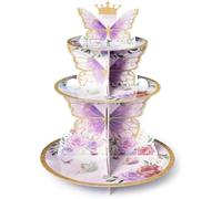 BeYumi Purple Butterfly Cupcake Stand - Haooryx 3-Tier Butterfly Floral Crown Cupcake Tower Cardboard Candy Dessert Holder for Spring Butterfly Party Supplies Girl Women Birthday Party Table Decor