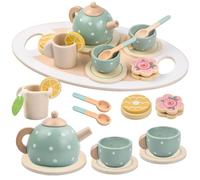 Bezavea 15PCS Wooden Tea Set for Toddlers, Pretend Play Tea Party Set, Children Tea Party Set with Play Food Dessert Tray Teapot Kitchen Accessories, Birthday Gifts for 3 4 5 6 7 Year Olds Girls Boy