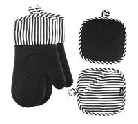 BEZEE Silicone Oven Gloves with Mitts Set of 4 Heat Resistant Gloves for Cooking Non-Slip Pot Holders for Kitchen Premium Stove Mitt - Black