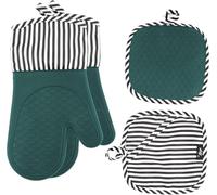 BEZEE Silicone Oven Gloves with Mitts Set of 4 Heat Resistant Gloves for Cooking Non-Slip Pot Holders for Kitchen Premium Stove Mitt - Green