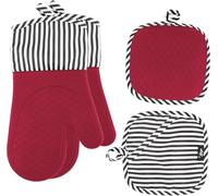 BEZEE Silicone Oven Gloves with Mitts Set of 4 Heat Resistant Gloves for Cooking Non-Slip Pot Holders for Kitchen Premium Stove Mitt - Red