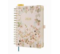 BEZEND 2026 Diary A5 Page A Day Even Weekend (Jan-Dec) Daily Planner with Timeslots, Appointment Book 26 with Monthly Tabs, Ruler Bookmark & Spiral Hardcover - Pink with Blossom