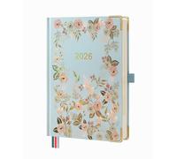 BEZEND 2026 Diary A5 Page A Day with 2 Columns, One Page per Day Even Weekend, Daily Planner 26 with Monthly Calendar & Tabs, Inner Pocket, Hardcover with Blossom - Blue Grey