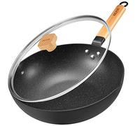 BEZIA Inductions Wok with Lid, Non-Stick Wok Pan 30cm, Stir-Fry Pan with Wooden Handle, Easy Cleanup & Ovensafe, for All Hobs, Granite