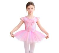 Bezioner Ballet Dress Sparkling Tutus for Girls Printed Ballet Outfit Layered Short Ruffle Sleeve Dance Leotard with Skirt Pink 100(2-3 Years,90-100 cm)