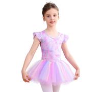 Bezioner Ballet Dress Sparkling Tutus for Girls Printed Ballet Outfit Layered Short Ruffle Sleeve Dance Leotard with Skirt Purple 140(8-10 Years,130-140 cm)