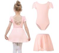 Bezioner Ballet Leotard for Girls with Removable Skirt Ballet Dress Outfit Combo Puff Sleeve Dance Leotard Ballerina Costume for Girls Pink 140