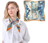 Bezioner Silk Scarf 100% Mulberry Silk Head Scarf 68cm Square Neck Scarves Printed Sleeping Bandana for Women Blue/Orange
