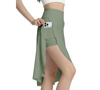 Bezioner Women's Skirt with Shorts High Waist Athletic Skort with Pockets Midi Length Flowy Skirt with Slit Ruffle Hem Green S