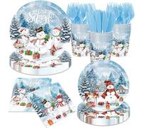 Bezkega Christmas Plates Set,144pcs Winter Snowman Christmas Paper Plates and Napkins Let It Snow Xmas Party Plates Tableware for Winter christmas Holiday Supplies
