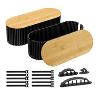 BEZORR Cable Management Boxes, set of 2 Cable Tidy Box,Wire Management Organizer,Cables Organised Box with Bamboo Lid for Hiding Messy Cables Black