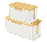 BEZORR Cable Tidy Box, 2 Cable Storage Box with Bamboo Lid, Hiding Messy Cables Wire Management, for Storage Organising Management Desk TV Computer USB Hub Strips Cords White